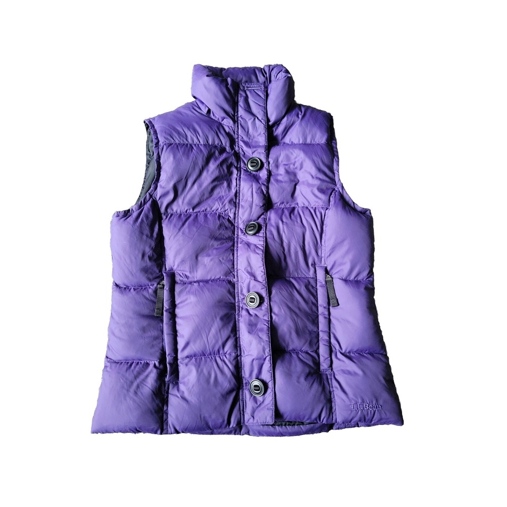 LL Bean Down Puffer Vest Womens Size XS Purple Full Zip & Button Zip Pockets